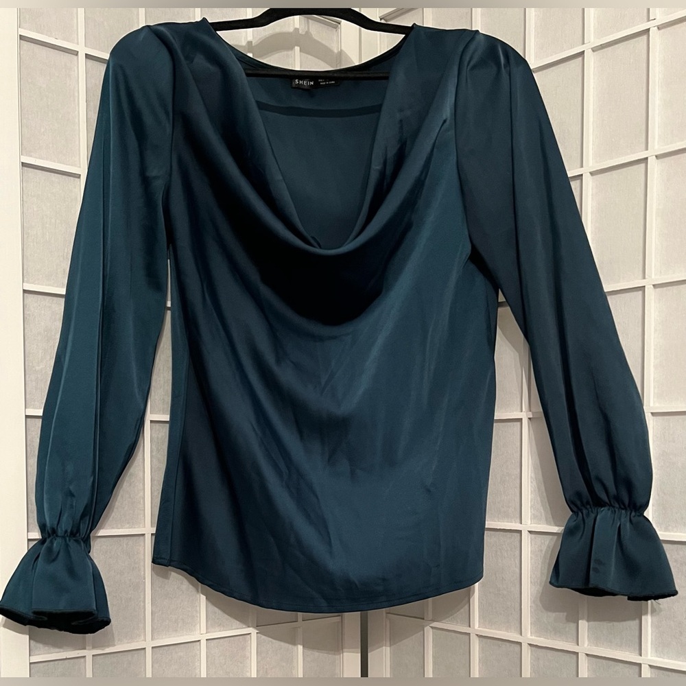 SHEIN Teal Blue Satin Cowl Neck Drape Neck Long Sleeve Blouse Top
